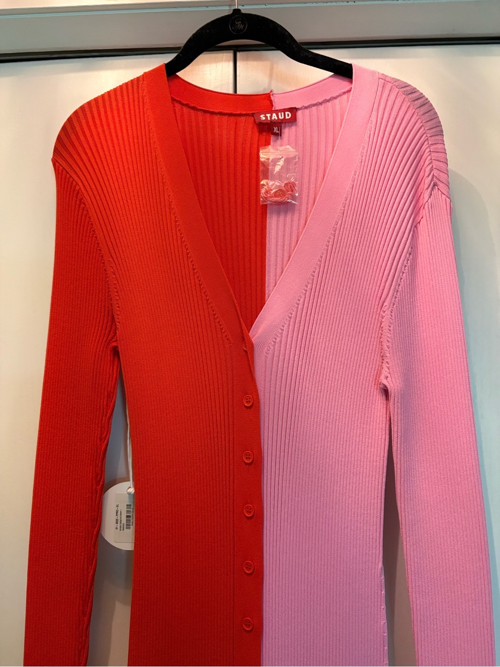 NWT STAUD ShokoTwo-Tone Red and Pink Ribbed Button-Front Maxi Dress - Picture 5 of 6